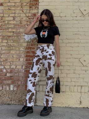 Princess Polly White & Brown Cow Print Straight-Leg Jeans